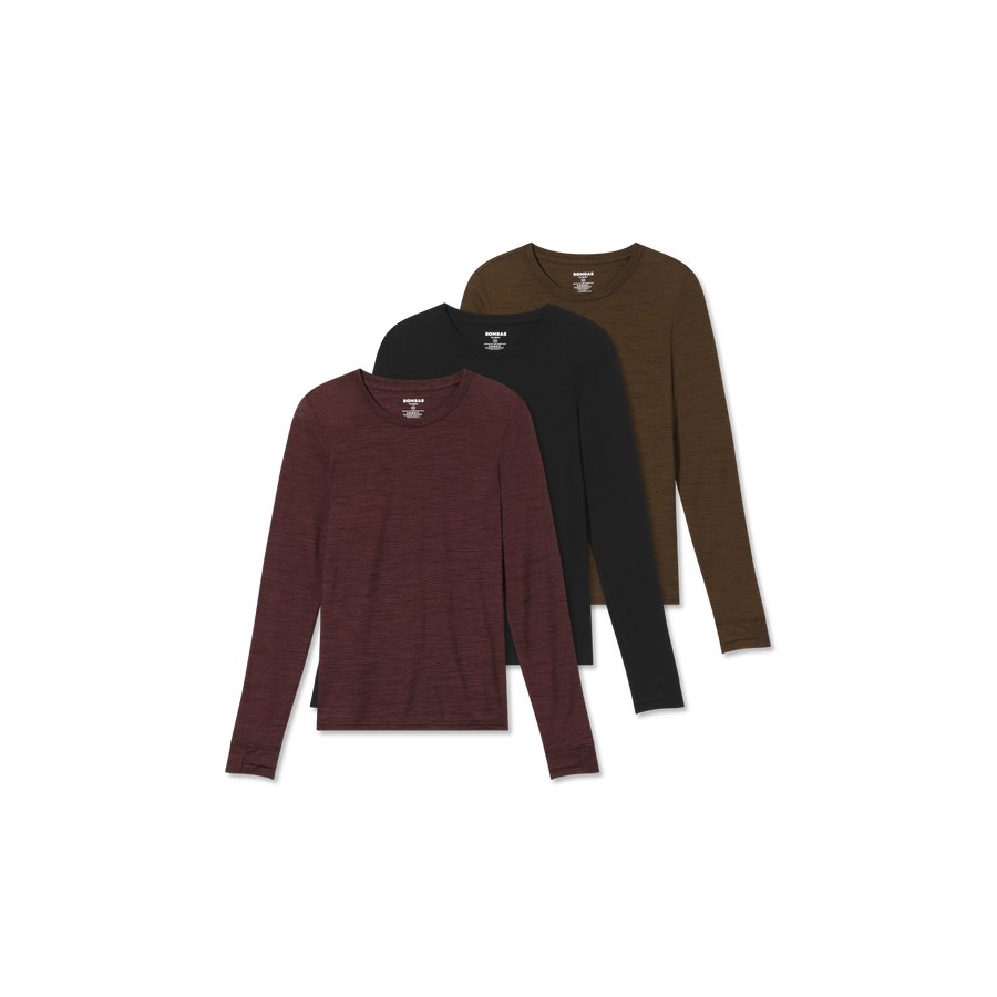 Women's Merino Wool Blend Crew Neck Long Sleeve T-Shirt 3-Pack - Light Cushion